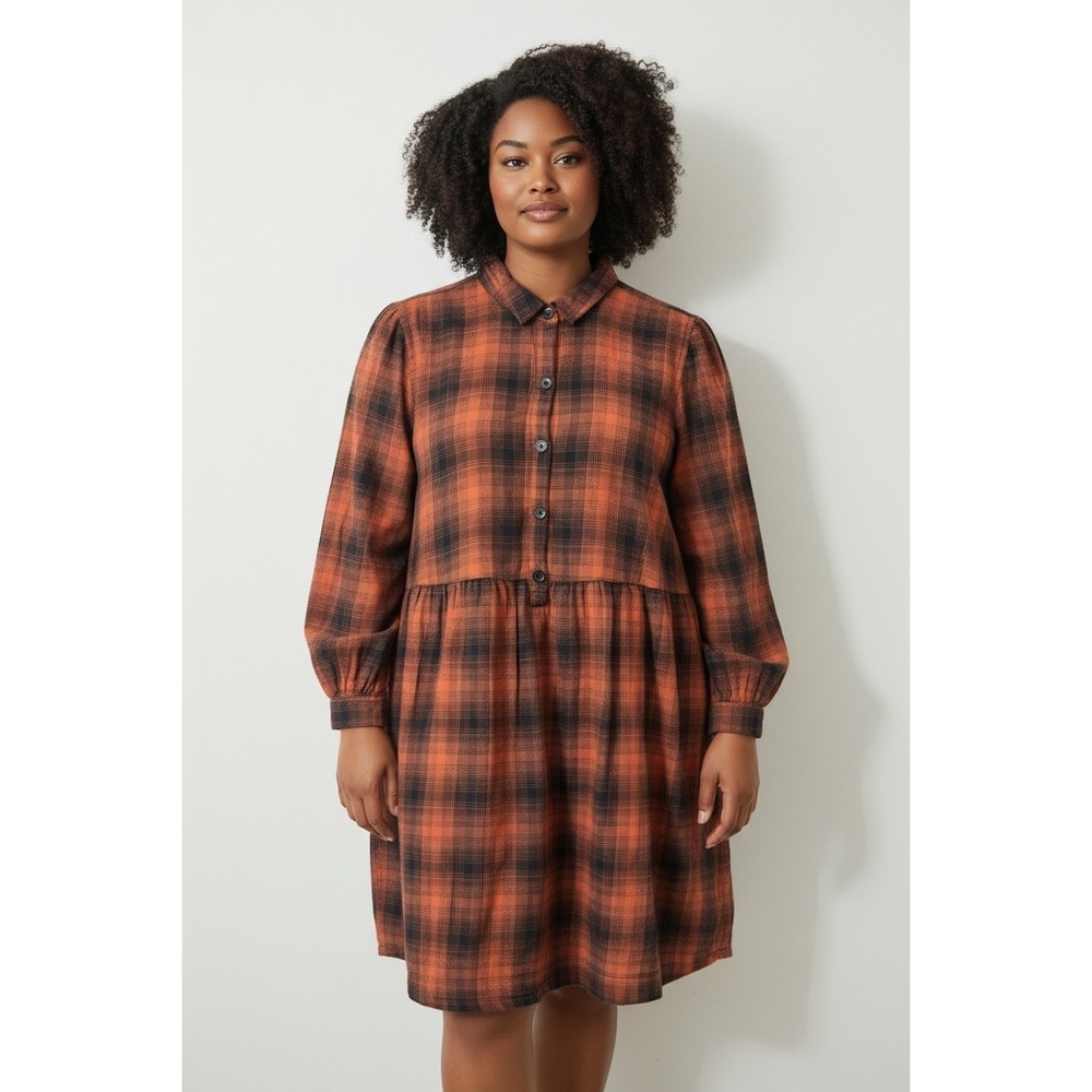 Beachlunchlounge Plaid Shirt Dress Womens XL Orange Black Babydoll Layering Cozy